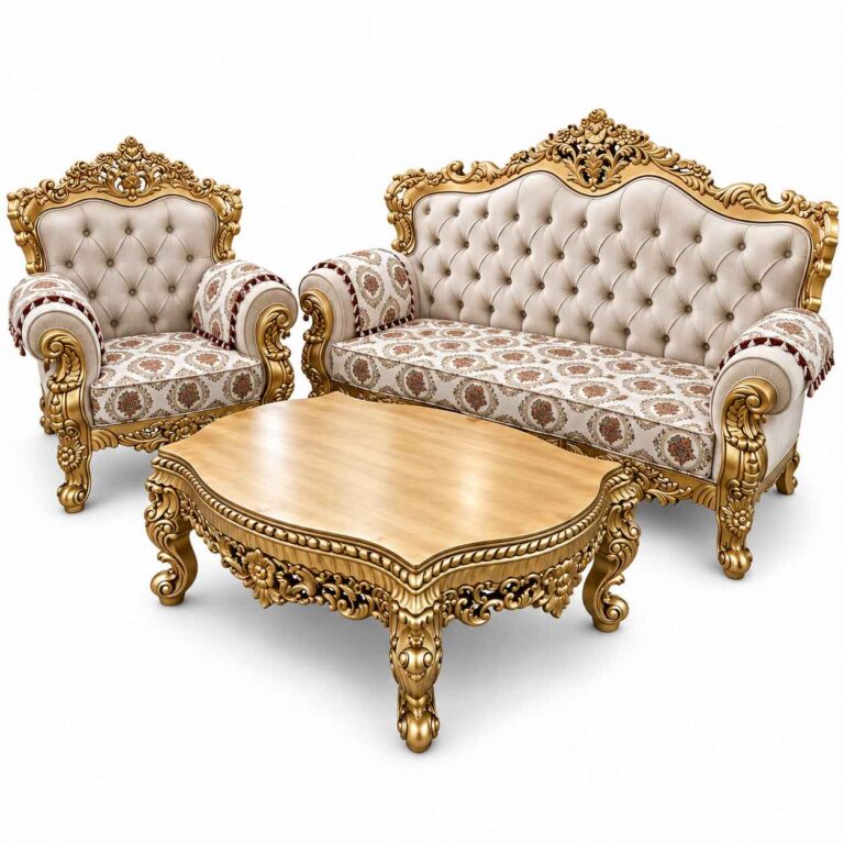 Imperial Baroque Gold-Leaf Hand-Carved Sofa Set with Coffee Table – Beige Tufted & Floral Jacquard