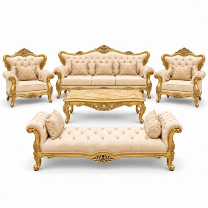 Imperial Gold-Leaf Hand-Carved Victorian Sofa Set with Daybed Bench & Marble Table – Cream Velvet