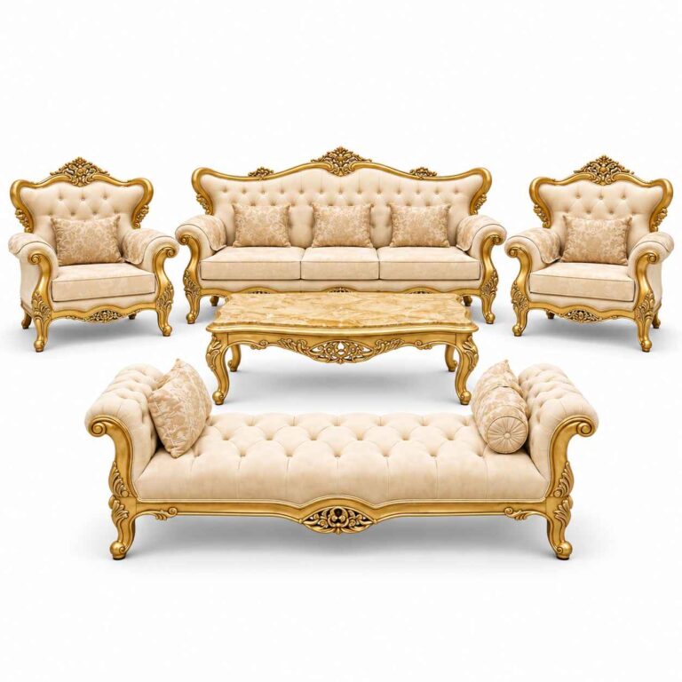 Imperial Gold-Leaf Hand-Carved Victorian Sofa Set with Daybed Bench & Marble Table – Cream Velvet