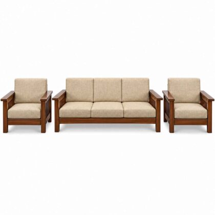 Modern Mission-Style Solid Wood 5-Seater Sofa Set – Walnut & Beige