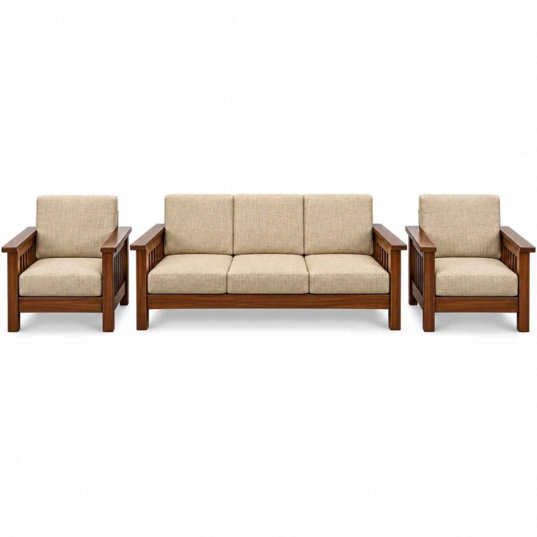 Modern Mission-Style Solid Wood 5-Seater Sofa Set – Walnut & Beige