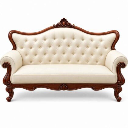 French Provincial Luxury 2-Seater Sofa in Off-White Upholstery & Mahogany Polish