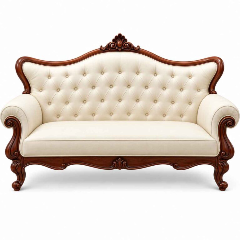 French Provincial Luxury 2-Seater Sofa in Off-White Upholstery & Mahogany Polish