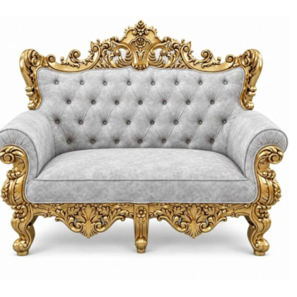Royal Baroque Gold-Leaf Hand-Carved Velvet Loveseat – Silver Grey