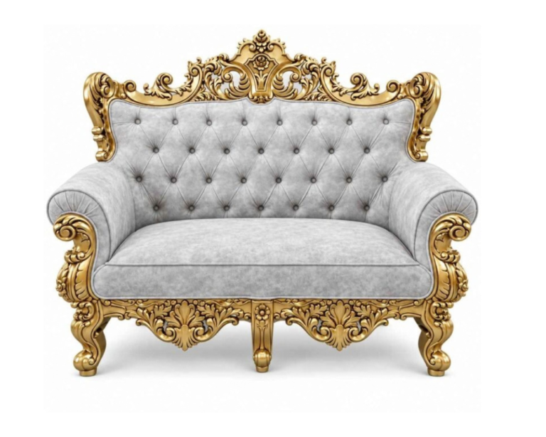 Royal Baroque Gold-Leaf Hand-Carved Velvet Loveseat – Silver Grey