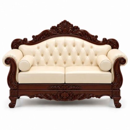 Victorian Hand-Carved Wooden Loveseat – Ivory Leather & Dark Mahogany