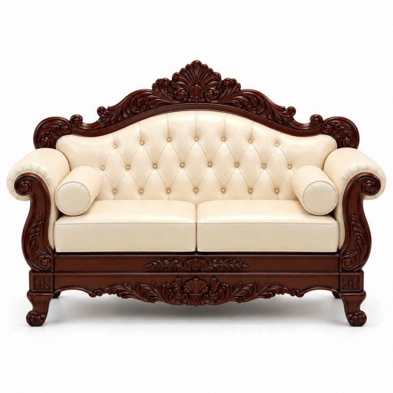 Victorian Hand-Carved Wooden Loveseat – Ivory Leather & Dark Mahogany