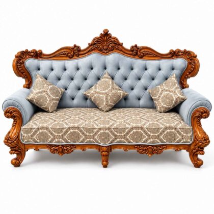 Royal Victorian Hand-Carved Teak Wood 3-Seater Sofa – Powder Blue & Gold Patterned Fabric