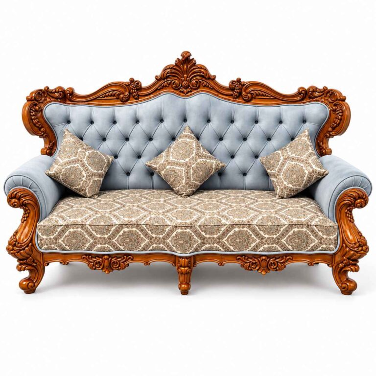 Royal Victorian Hand-Carved Teak Wood 3-Seater Sofa – Powder Blue & Gold Patterned Fabric