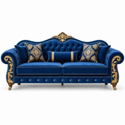 Imperial Chesterfield Royal Blue Velvet Sofa with Gold Leaf Detailing & Brocade Pillows