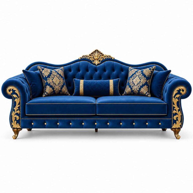 Imperial Chesterfield Royal Blue Velvet Sofa with Gold Leaf Detailing & Brocade Pillows