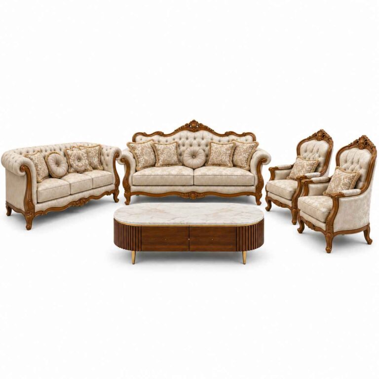 Imperial Neoclassical Tufted Cream Fabric 8-Seater Sofa Set with Fluted Coffee Table
