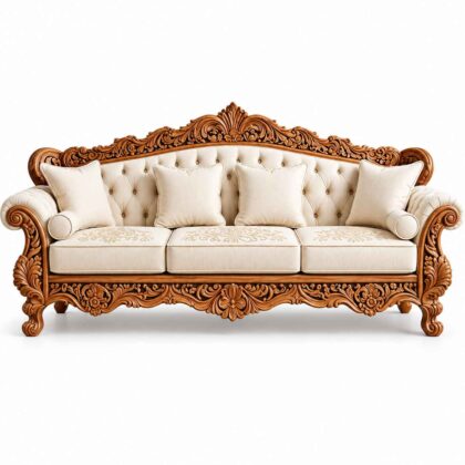 Royal Victorian Hand-Carved Teak Wood 3-Seater Sofa – Cream Tufted Fabric & Embroidery