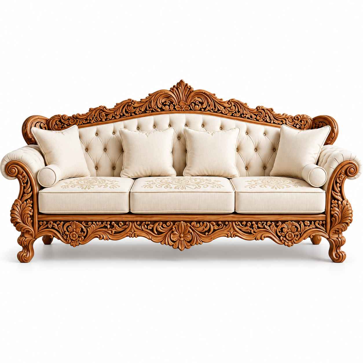 Royal Victorian Hand-Carved Teak Wood 3-Seater Sofa – Cream Tufted Fabric & Embroidery