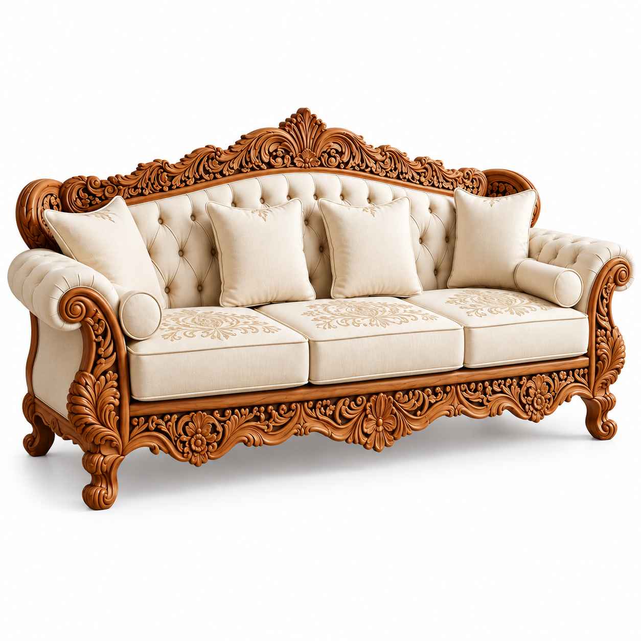 Royal Victorian Hand-Carved Teak Wood 3-Seater Sofa – Cream Tufted Fabric & Embroidery - Image 2