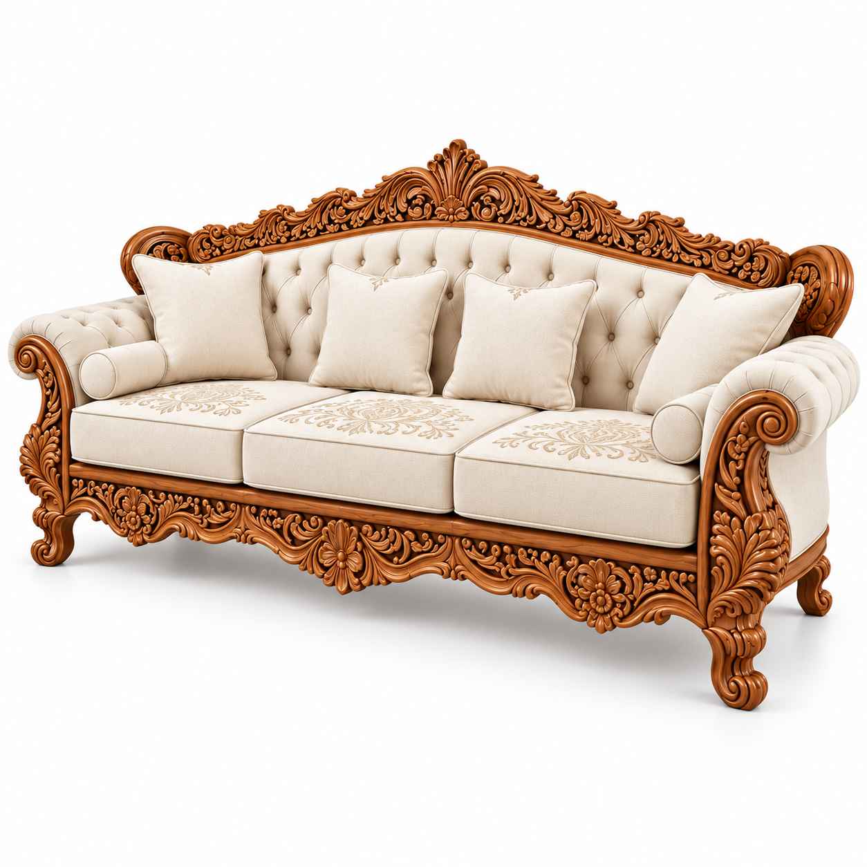 Royal Victorian Hand-Carved Teak Wood 3-Seater Sofa – Cream Tufted Fabric & Embroidery - Image 3