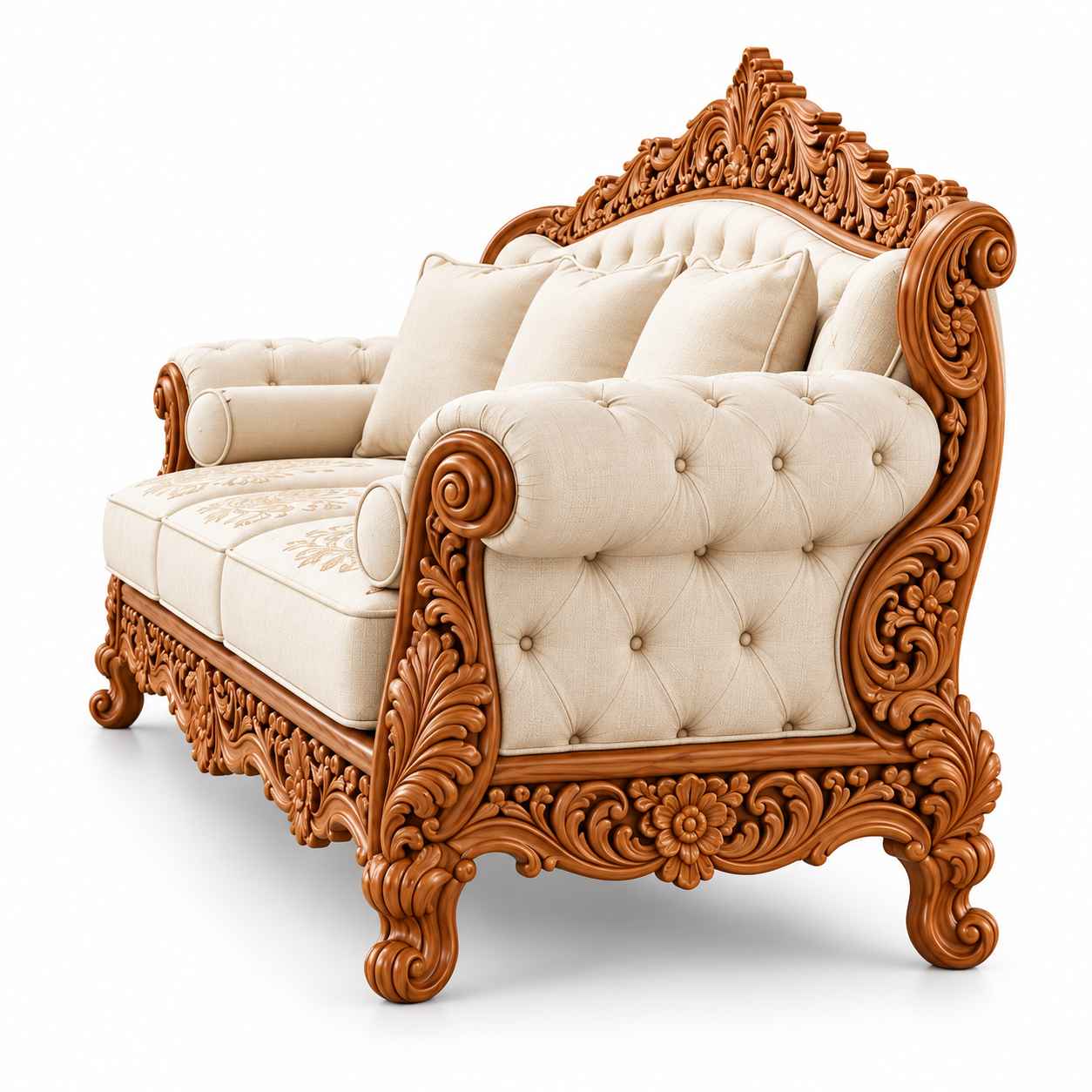 Royal Victorian Hand-Carved Teak Wood 3-Seater Sofa – Cream Tufted Fabric & Embroidery - Image 4