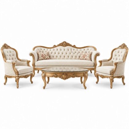 Royal Victorian Gold-Leaf Hand-Carved Sofa Set with Oval Coffee Table – Cream & Champagne