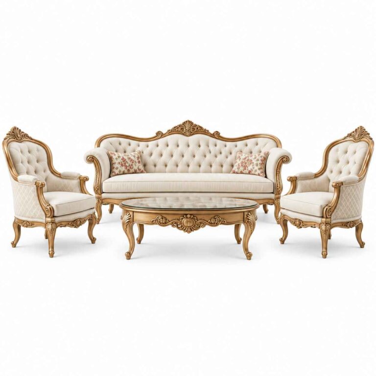 Royal Victorian Gold-Leaf Hand-Carved Sofa Set with Oval Coffee Table – Cream & Champagne