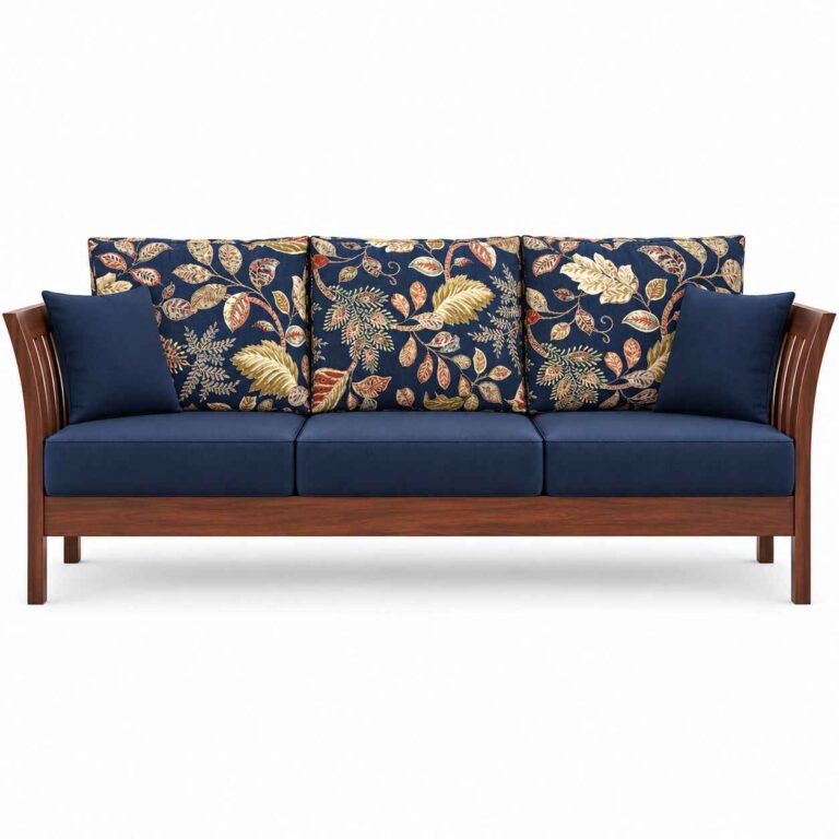 Botanical Heritage Solid Wood 3-Seater Sofa – Navy Blue & Floral Print