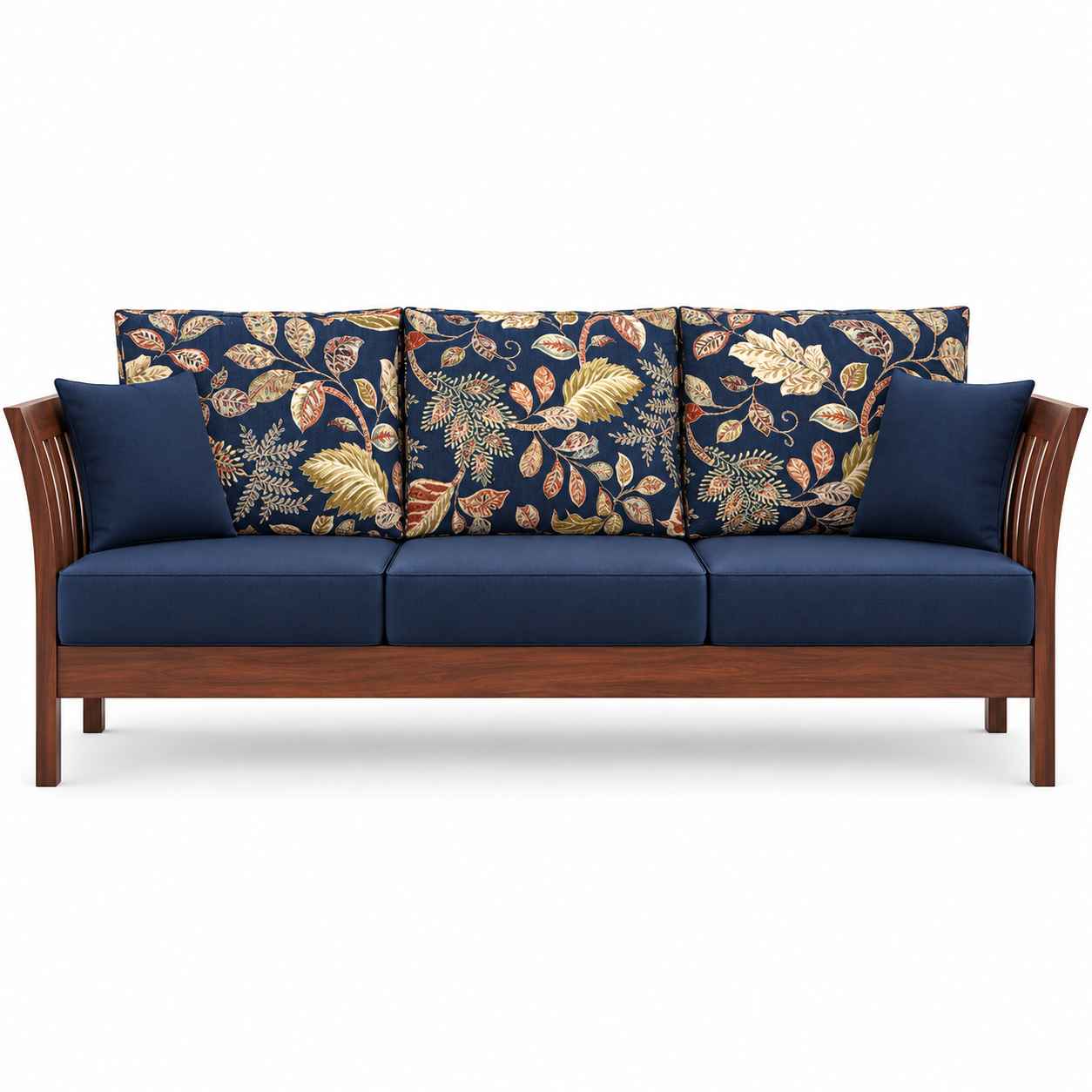 Botanical Heritage Solid Wood 3-Seater Sofa – Navy Blue & Floral Print
