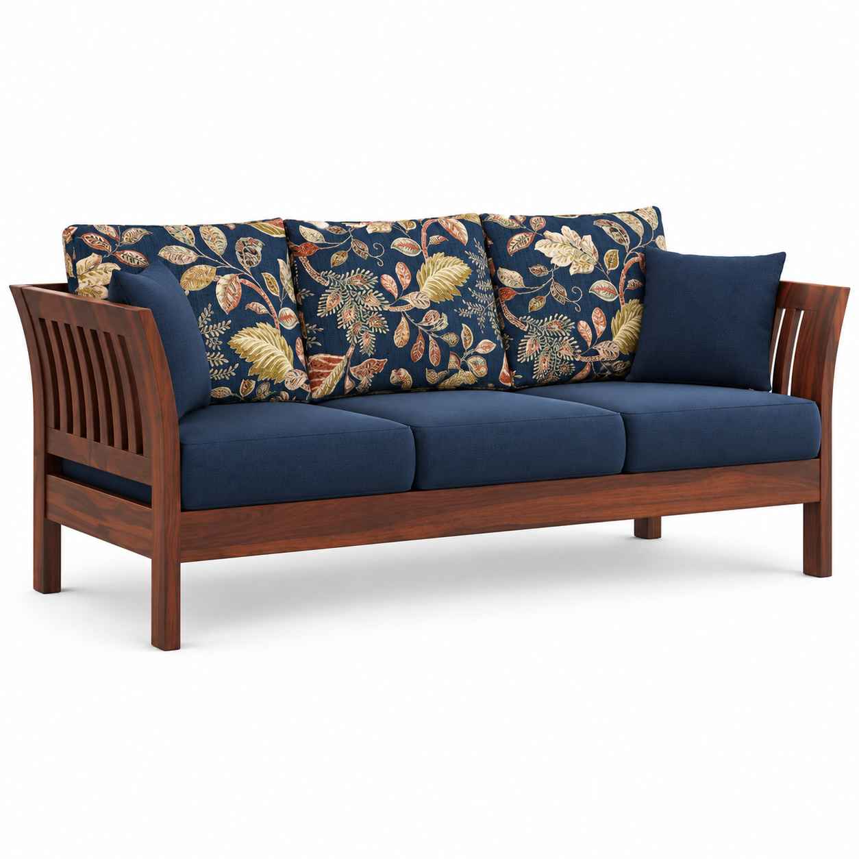Botanical Heritage Solid Wood 3-Seater Sofa – Navy Blue & Floral Print - Image 2