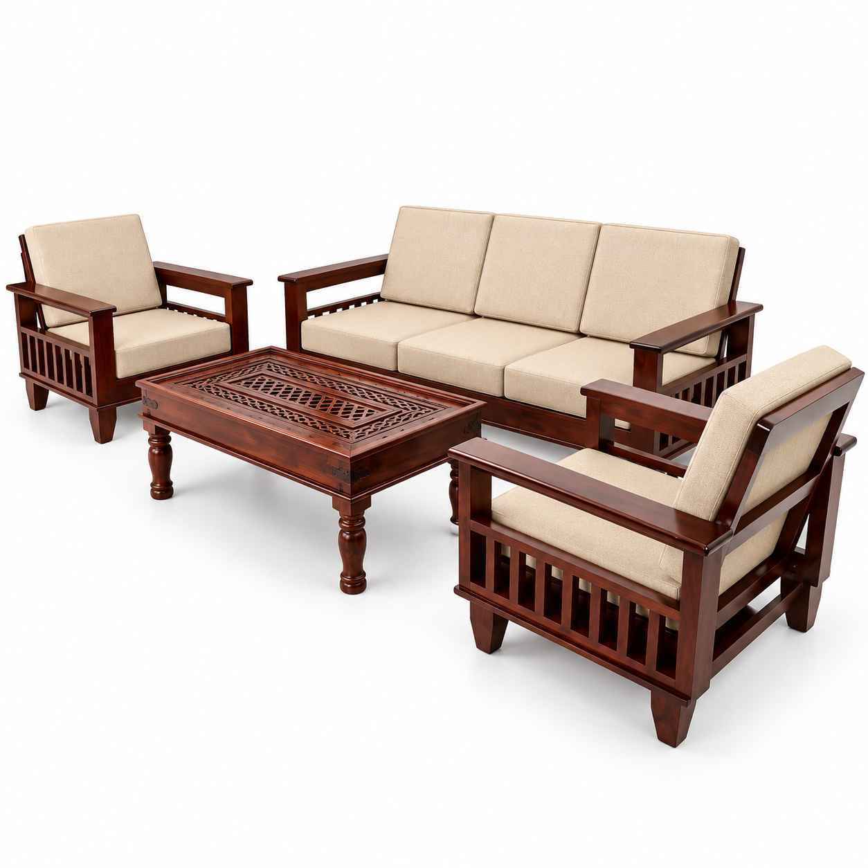 Classic Solid Sheesham Wood 5-Seater Sofa Set with Carved Center Table – Dark Mahogany & Beige