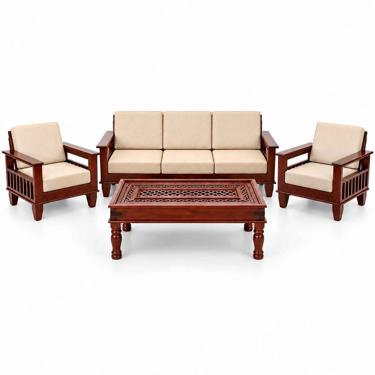 Classic Solid Sheesham Wood 5-Seater Sofa Set with Carved Center Table – Dark Mahogany & Beige - Image 2