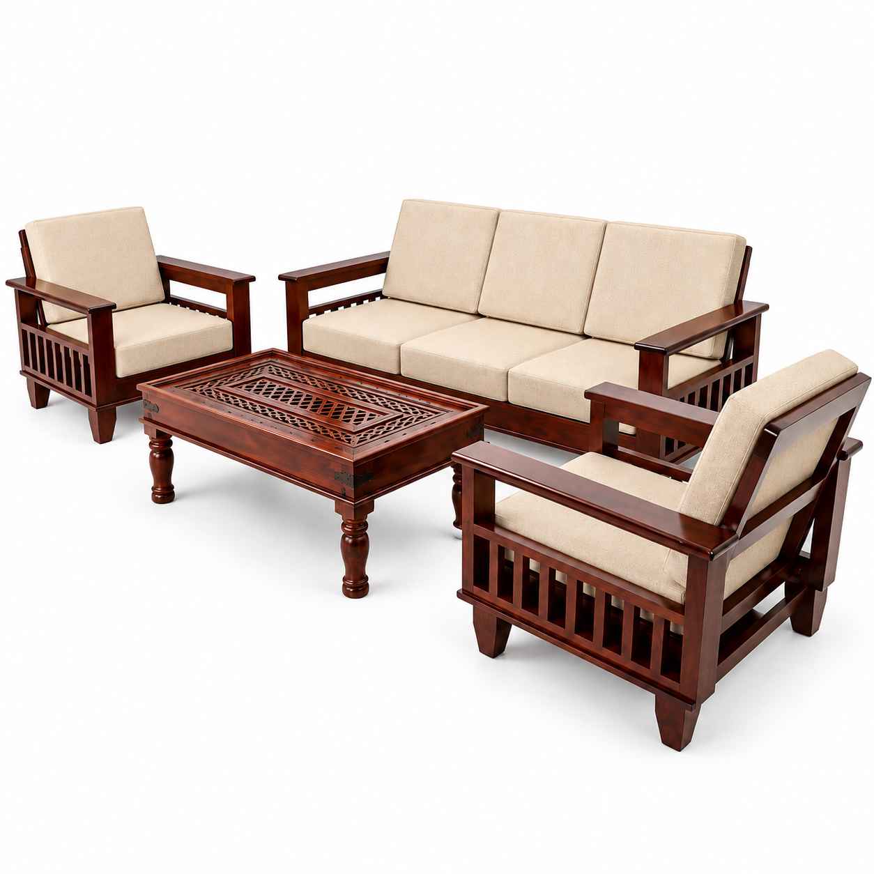 Classic Solid Sheesham Wood 5-Seater Sofa Set with Carved Center Table – Dark Mahogany & Beige - Image 3