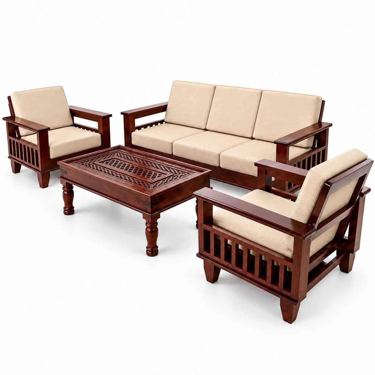Classic Solid Sheesham Wood 5-Seater Sofa Set with Carved Center Table – Dark Mahogany & Beige - Image 4
