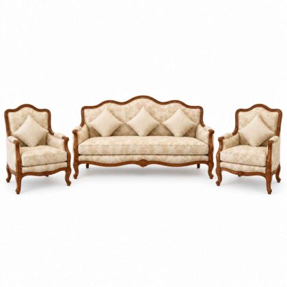 French Provincial Hand-Carved Wooden Sofa Set – Cream & Gold Damask
