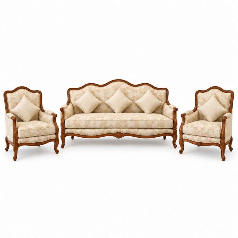 French Provincial Hand-Carved Wooden Sofa Set – Cream & Gold Damask