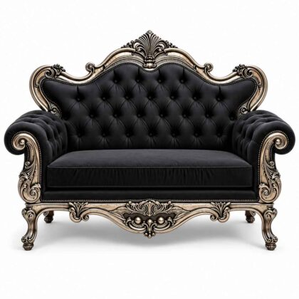 Gothic Rococo Silver Leaf Hand-Carved Velvet Loveseat – Black Velvet