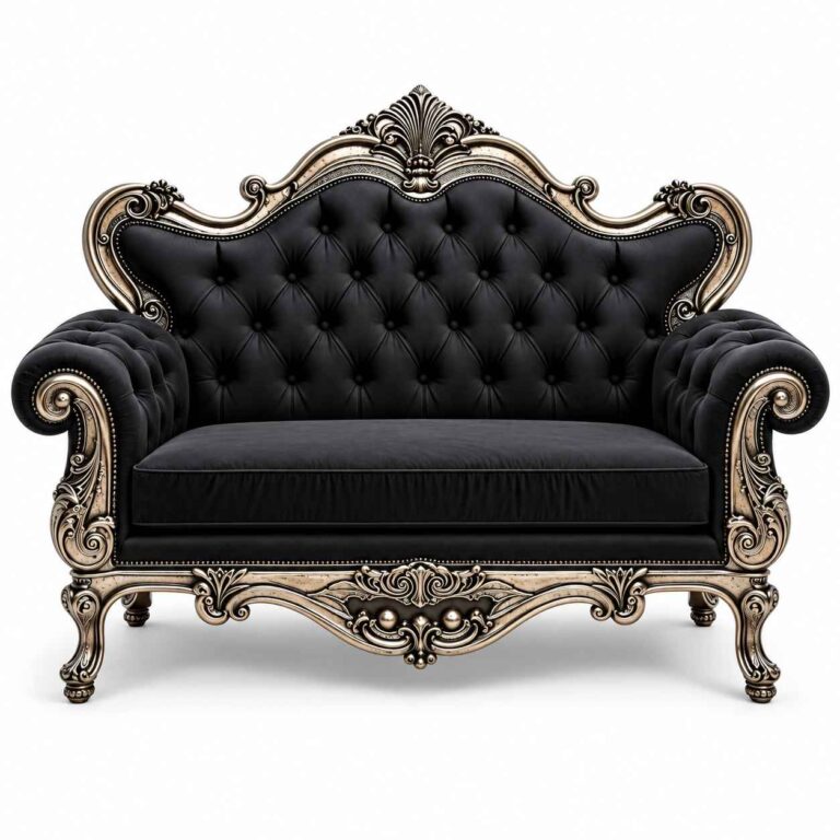 Gothic Rococo Silver Leaf Hand-Carved Velvet Loveseat – Black Velvet
