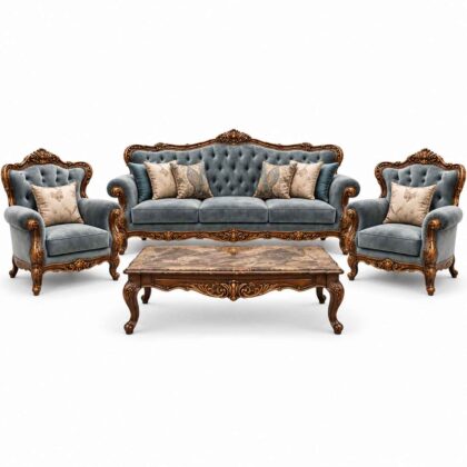 Imperial Baroque Hand-Carved Wooden Sofa Set with Marble-Top Table – Steel Blue Velvet