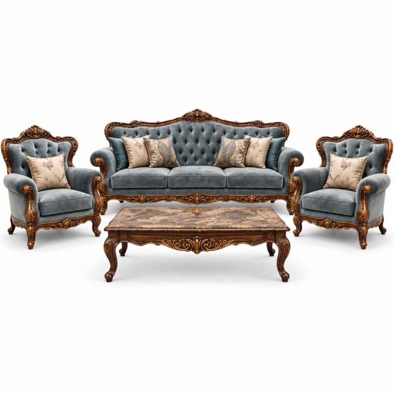 Imperial Baroque Hand-Carved Wooden Sofa Set with Marble-Top Table – Steel Blue Velvet
