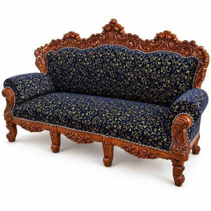 Maharaja Hand-Carved Teak Wood 3-Seater Sofa – Midnight Navy & Gold Brocade
