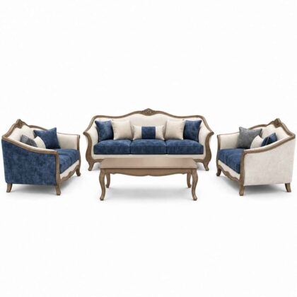 Modern French Provincial Carved Wooden Sofa Set with Coffee Table – Navy Blue & Cream