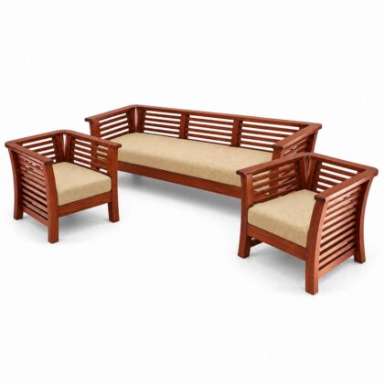 Modern Slatted Solid Wood 5-Seater Sofa Set – Teak Finish & Beige Fabric
