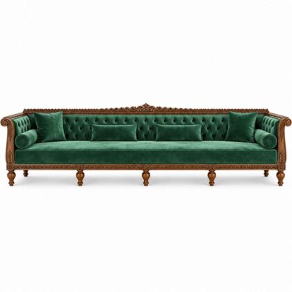 Royal Emerald Grand Chesterfield Extra-Long Wooden Sofa – Forest Green Velvet