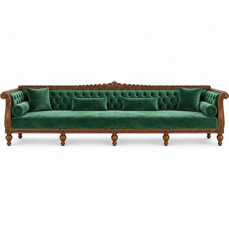 Royal Emerald Grand Chesterfield Extra-Long Wooden Sofa – Forest Green Velvet