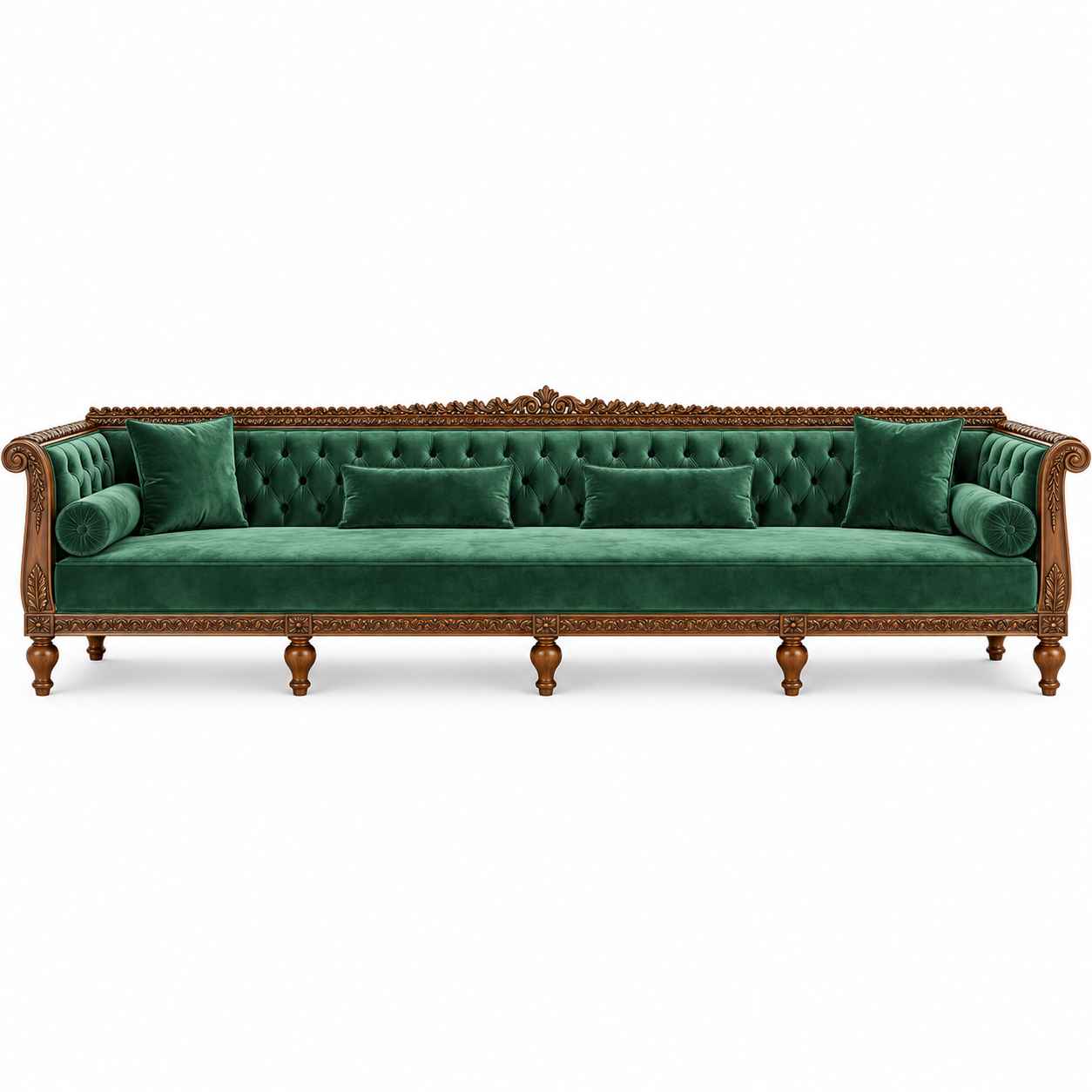 Royal Emerald Grand Chesterfield Extra-Long Wooden Sofa – Forest Green Velvet