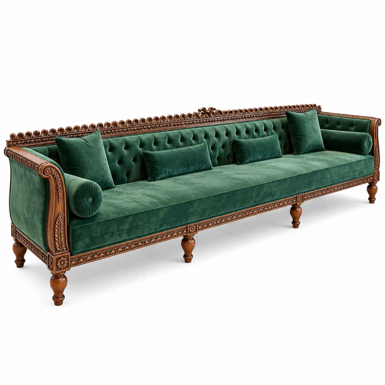 Royal Emerald Grand Chesterfield Extra-Long Wooden Sofa – Forest Green Velvet - Image 3