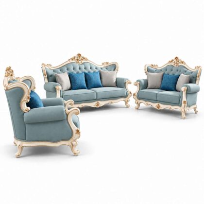 Royal French Rococo Hand-Carved Sofa Set – Sky Blue & Ivory Gold