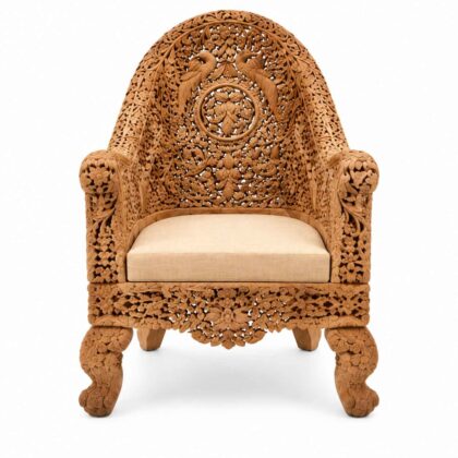 Royal Peacock Carved Heritage Wooden Accent Chair in Natural Finish
