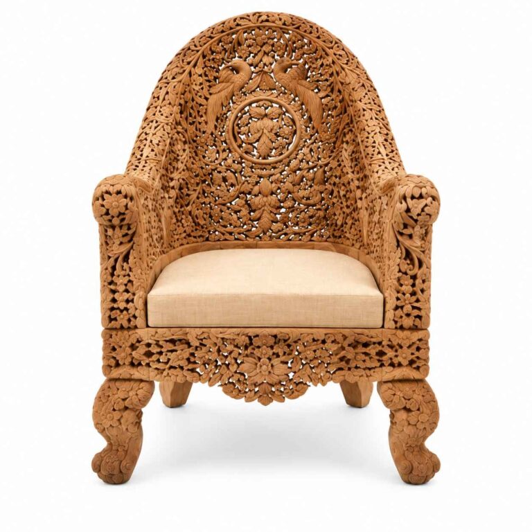 Royal Peacock Carved Heritage Wooden Accent Chair in Natural Finish