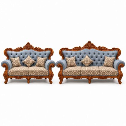 Royal Victorian Hand-Carved Wooden Sofa Set – Powder Blue & Gold Patterned Fabric