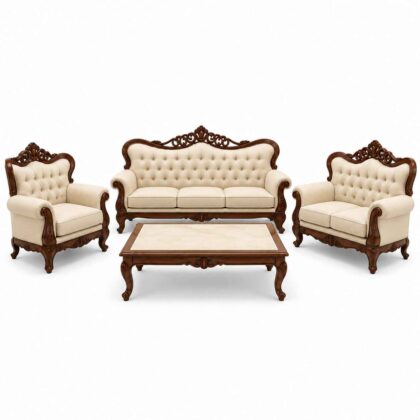 Royal Victorian Hand-Carved Wooden Sofa Set with Center Table – Cream & Walnut