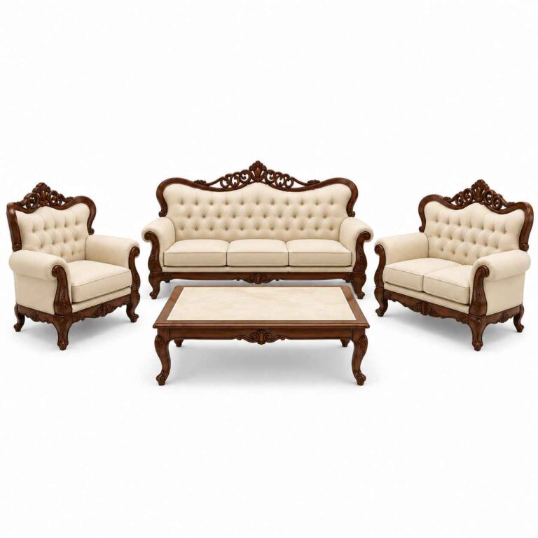 Royal Victorian Hand-Carved Wooden Sofa Set with Center Table – Cream & Walnut