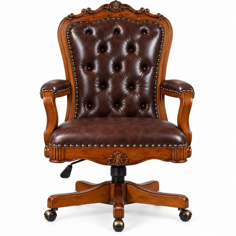 Royal Victorian Hand-Carved Executive Leather Swivel Chair – Chestnut Brown